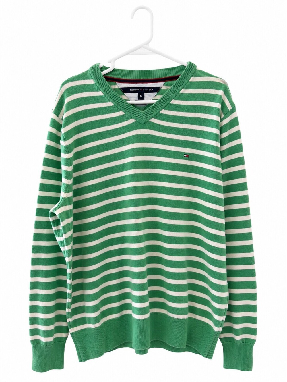 Tommy Hilfiger Men's Green and White Striped V-Neck Sweater Size L Pima Cotton